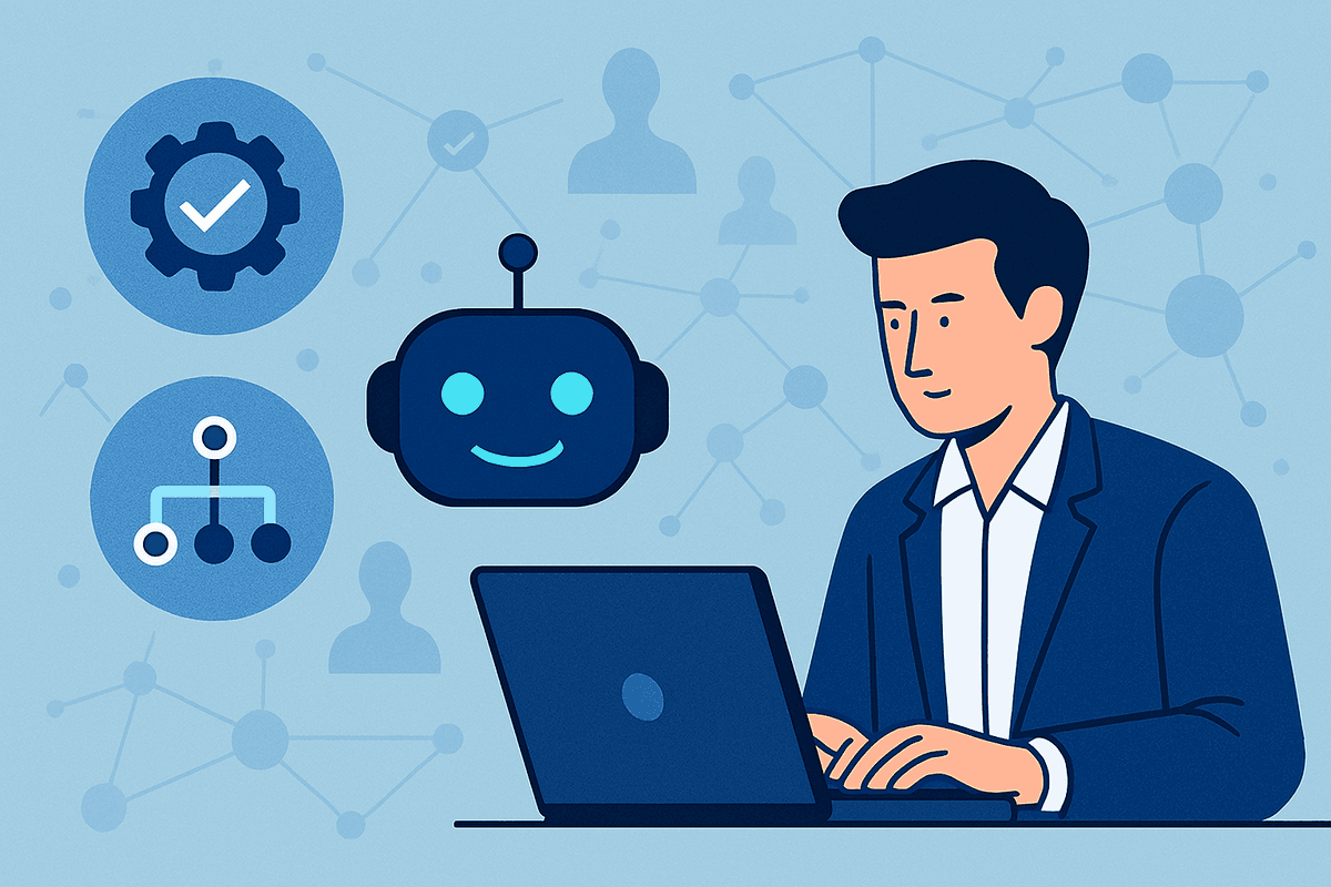 Automated business workflow with interconnected software, gears, and dashboards enhancing efficiency