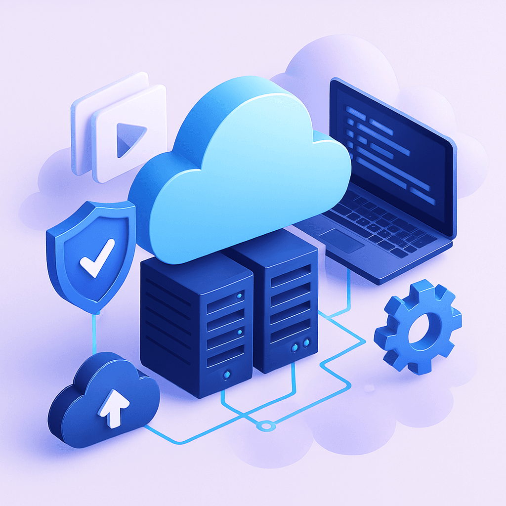 Modern cloud infrastructure with servers, cloud icons, and connected data networks representing scalable architecture