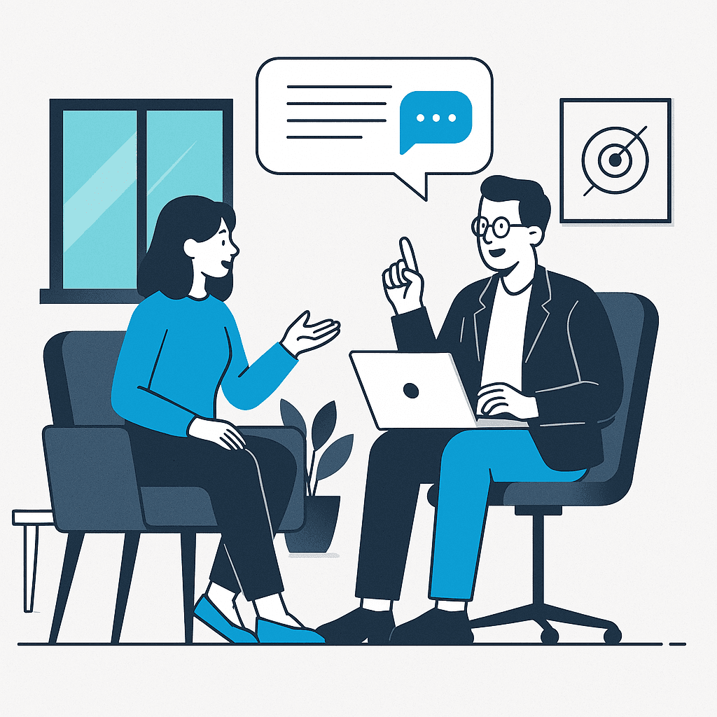 Professional consultation scene with a tech advisor discussing strategy with clients using laptops and digital charts