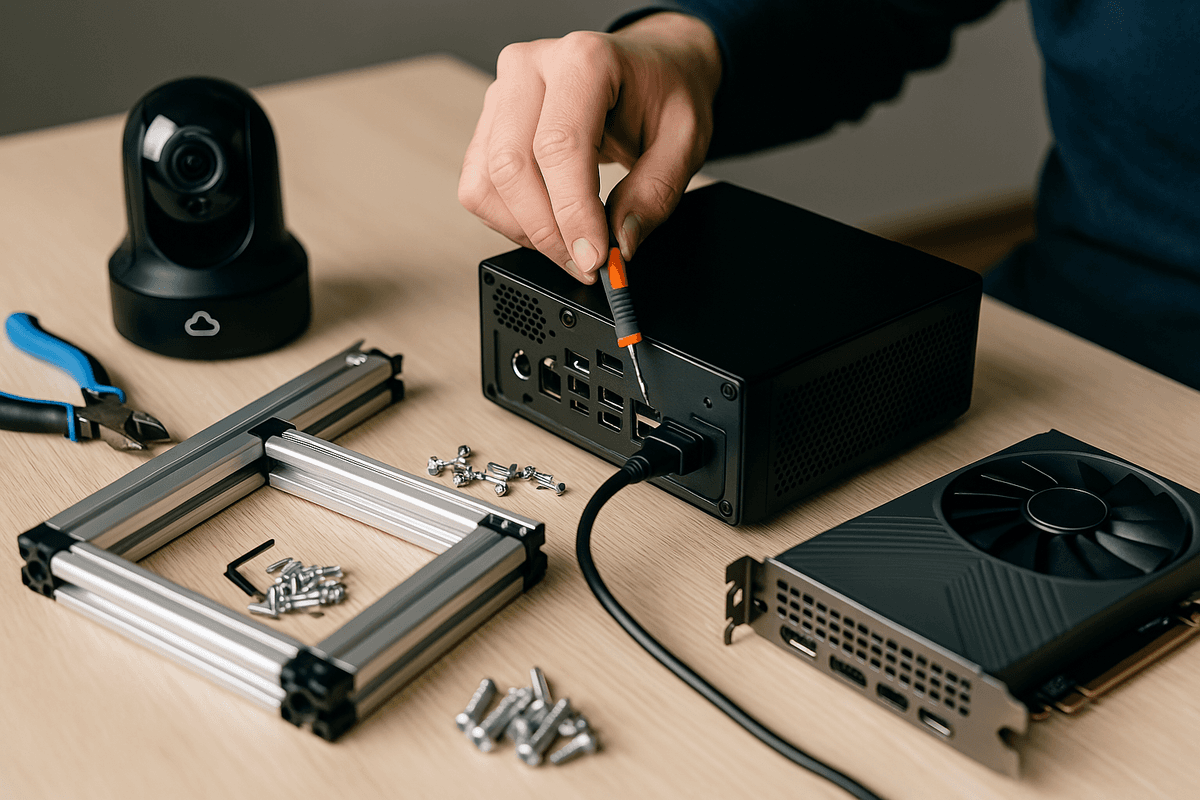 Technician setting up essential IT hardware including servers, routers, and workstations in a professional environment
