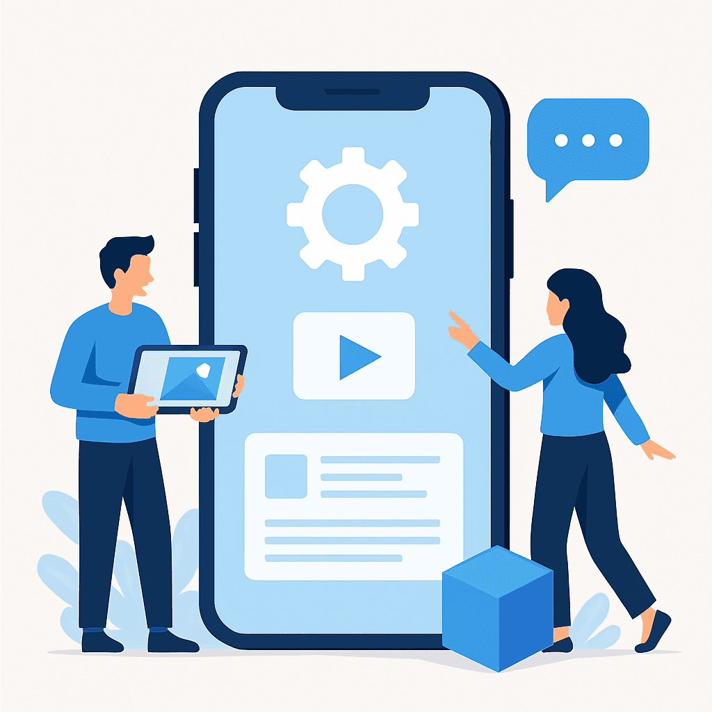 Developers creating cross-platform mobile apps with user interface design on smartphones and tablets