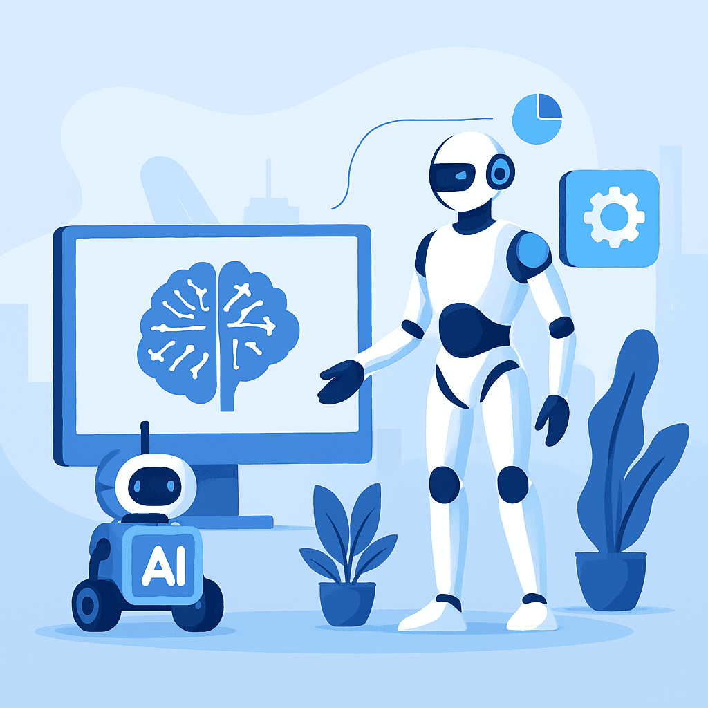 Futuristic robot interacting with holographic AI interface in a high-tech environment