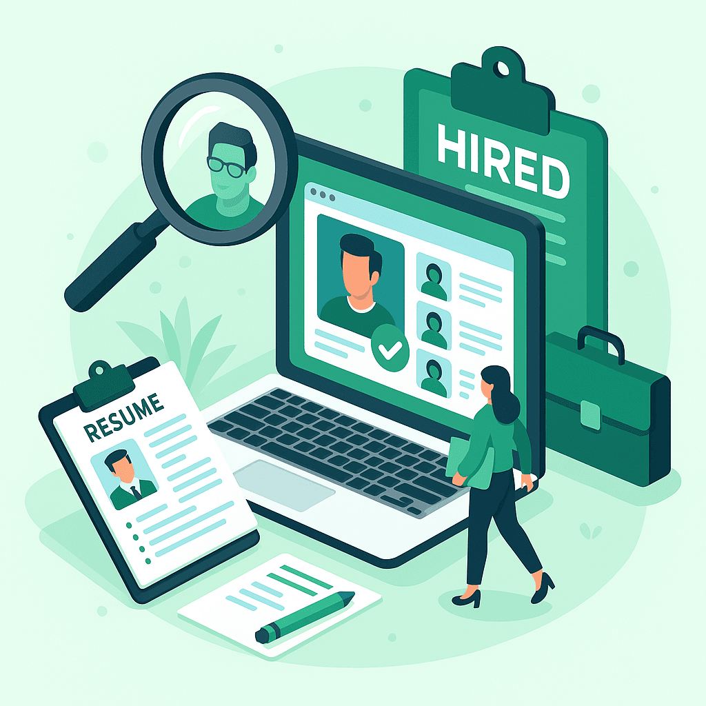 Professional recruitment process showing business people, resumes, and digital hiring interface for talent acquisition