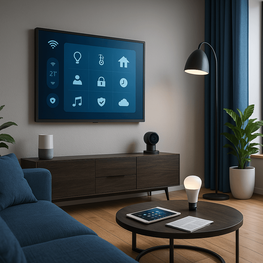 Smart home system being configured with automated lighting, security cameras, and voice control devices