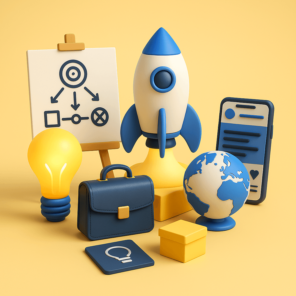 Business team launching a startup with digital tools, planning strategy, and setting up foundational services