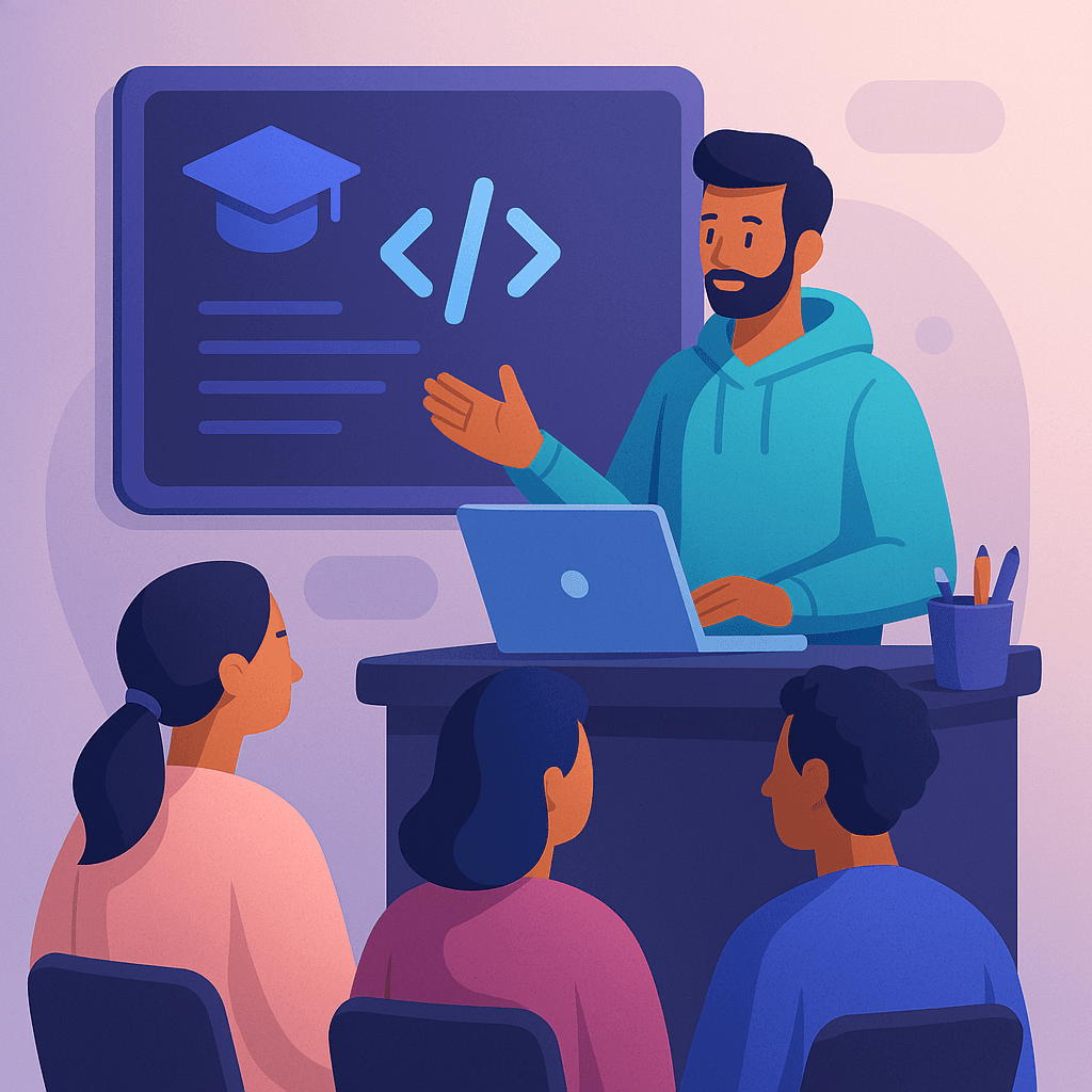 Group of learners in a modern tech classroom engaging with digital devices and an instructor explaining coding on a screen
