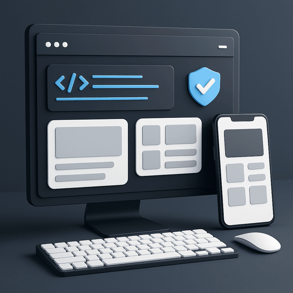 Modern web development process showing responsive design, coding, and UI/UX integration